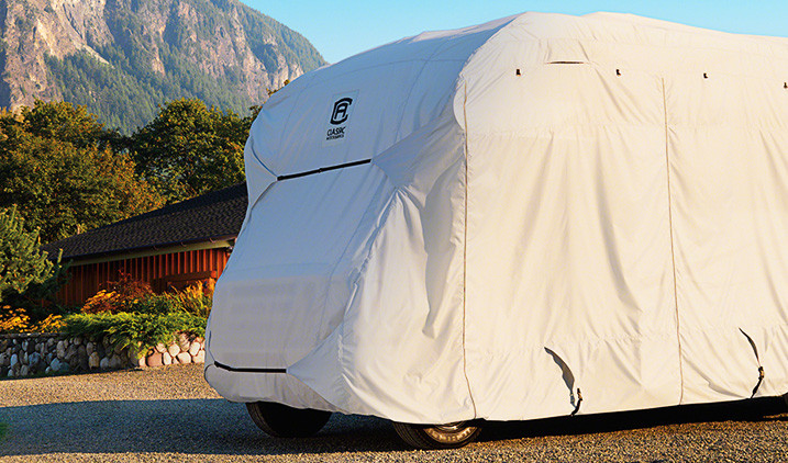 Beige RV Cover Mountain Background